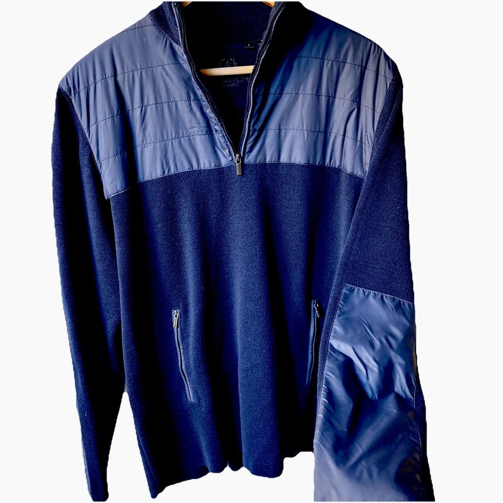 Bugatchi Uomo Men's 1/4 zip pullover 100% Merino Wool Quilted elbow patch Navy L